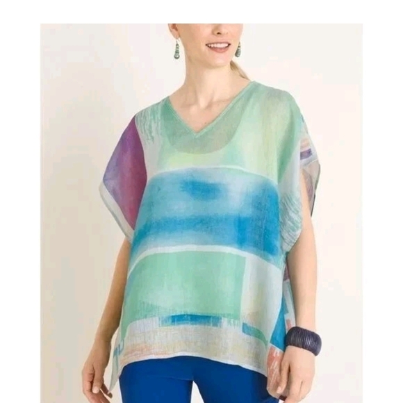 Chico's Tops - Chico's Linen V-Neck Top in Aqua, Teal, Coral & Purple Stripes